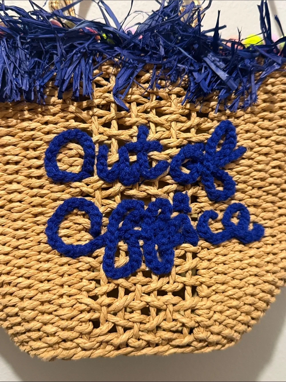 Out of Office Vacation Navy Trim Straw Shoulder Tote Gold Ring Handle